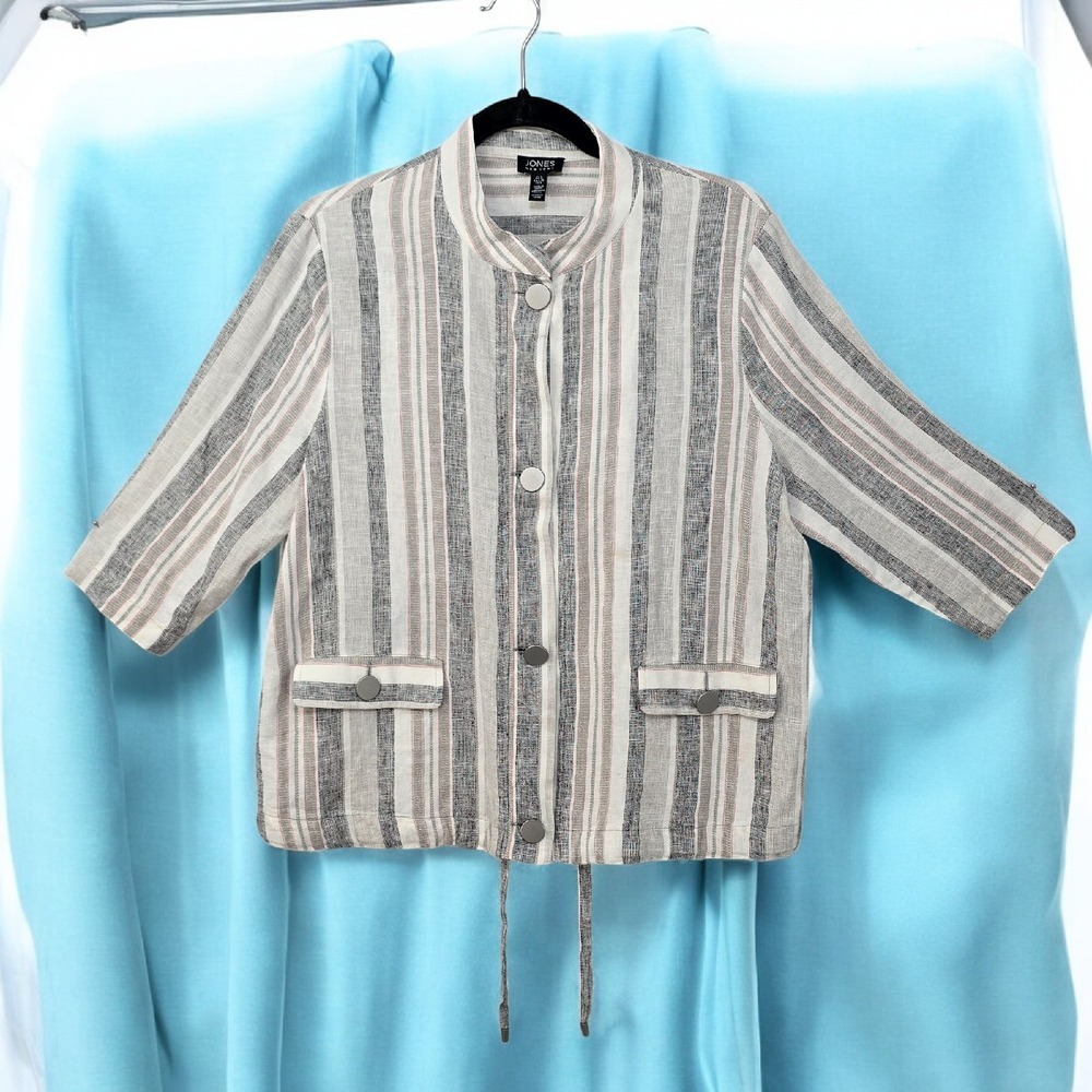 Jones New York Linen Blend Button Front Striped Jacket Neutral Tones Woman Large